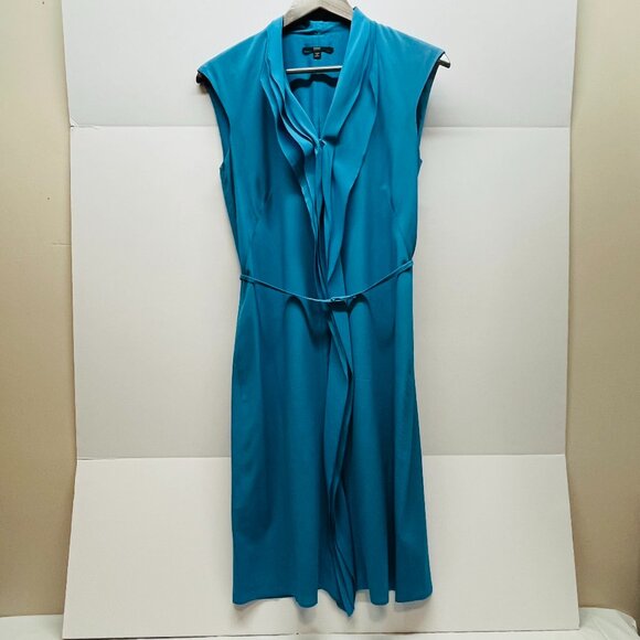Hugo Boss Women's Damella Sleevless Silk‎ Teal Blue Ruffle Belted Dress Size 4 - Picture 1 of 9